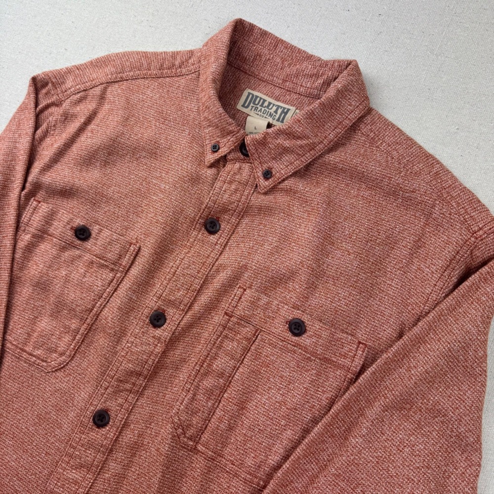 Duluth Trading Co Mens Large Relaxed Fit Burnt Orange Cotton Button Down Shirt